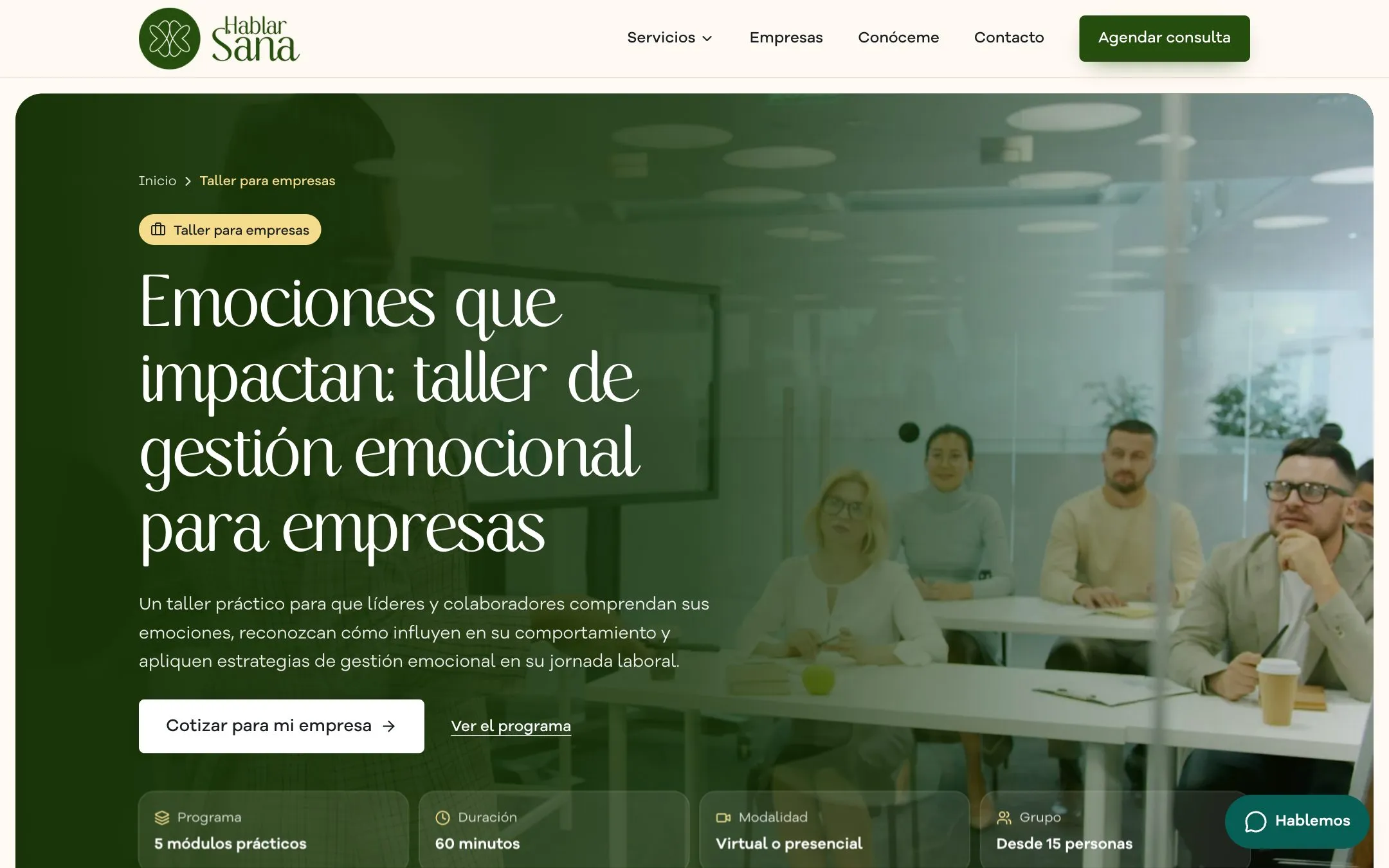Página del taller para empresas de Hablar Sana