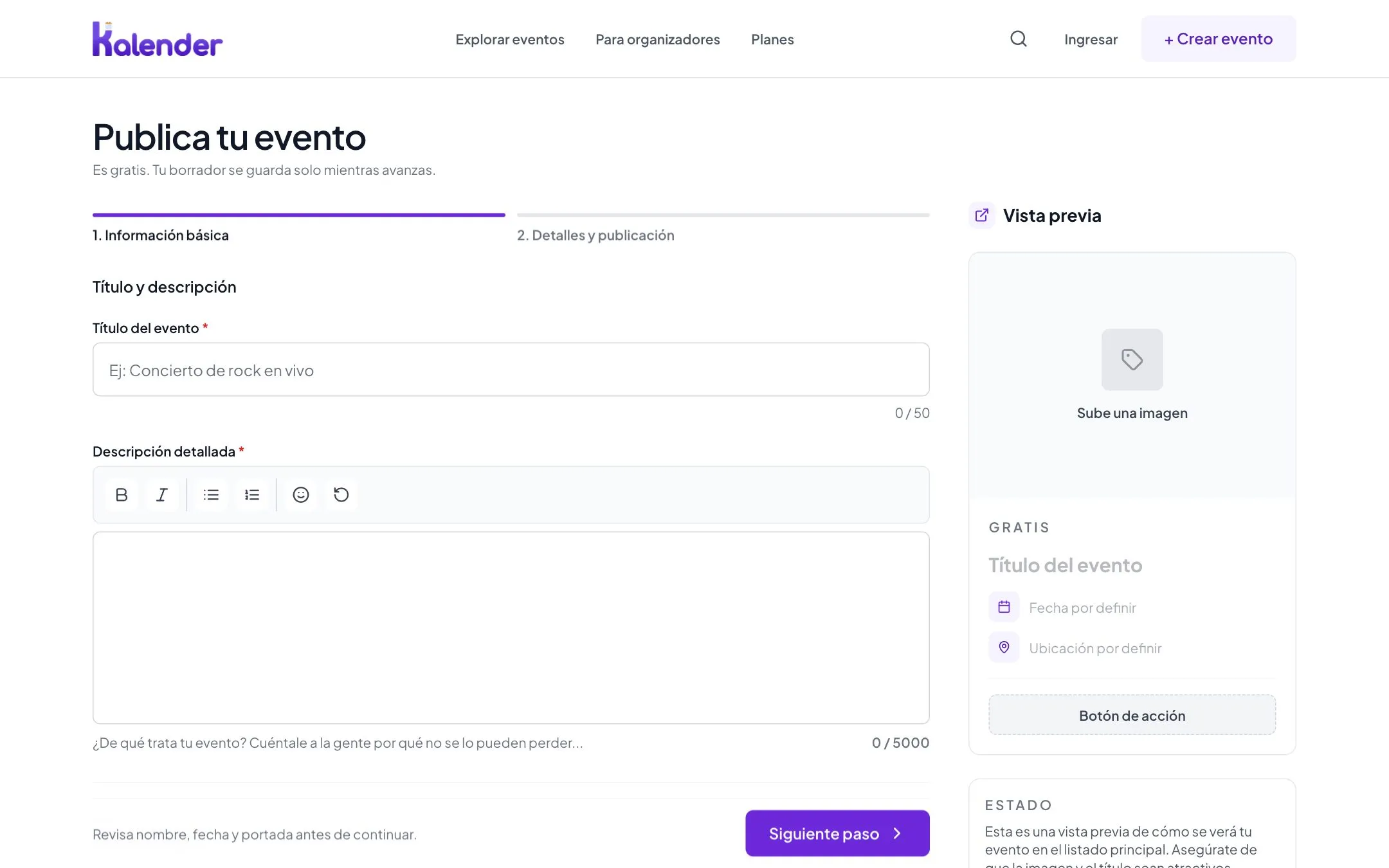 Formulario para publicar un evento en Kalender City