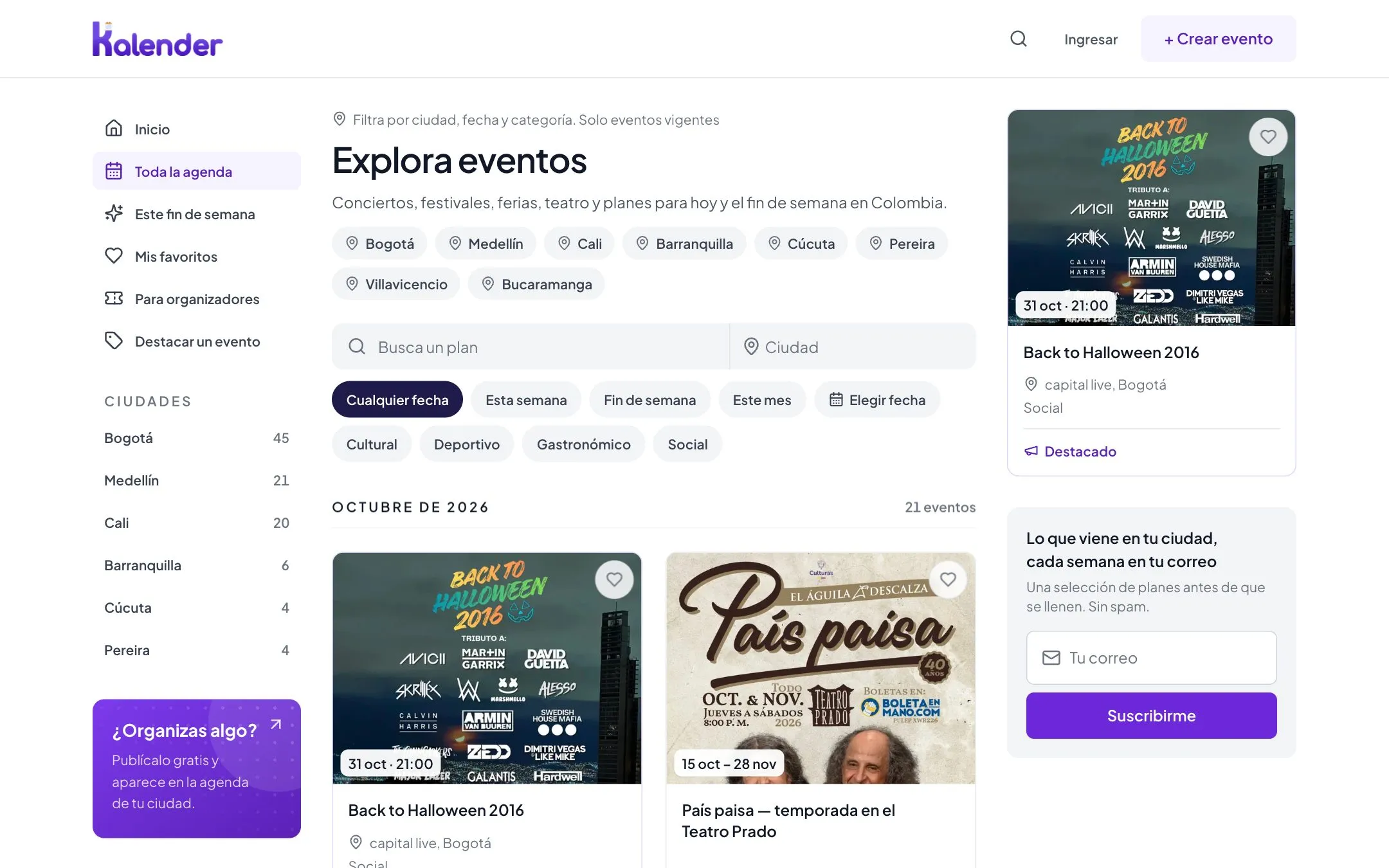 Listado de eventos en Kalender City