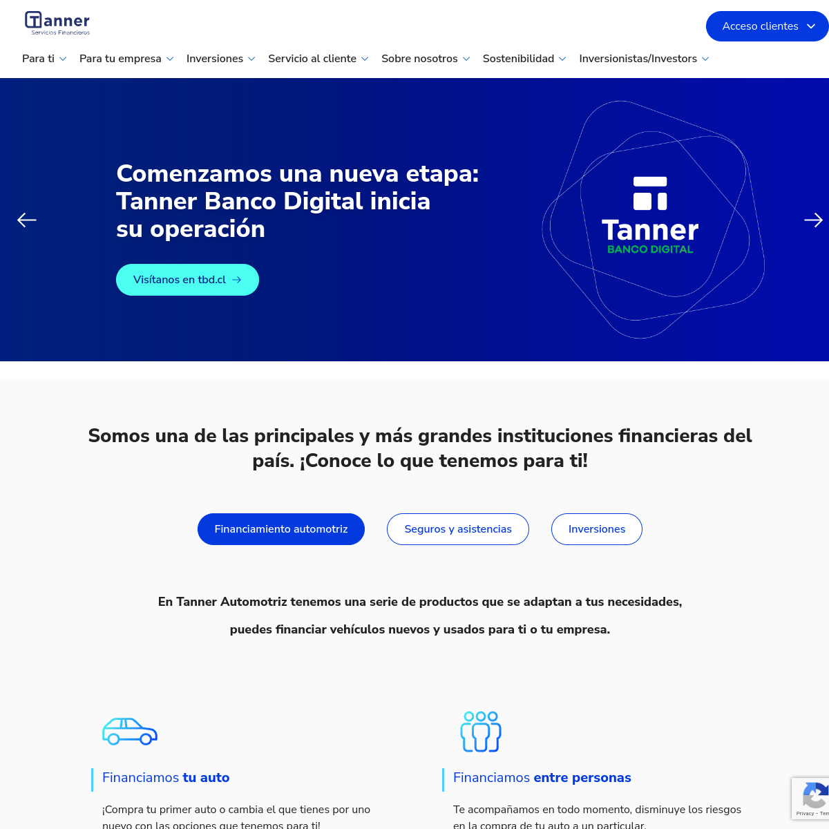 Pantallazo del sitio Tanner Servicios Financieros